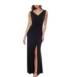 Marina Long V Neck Knot Front High Slit Sleeveless Black Maxi Dress NWT Small